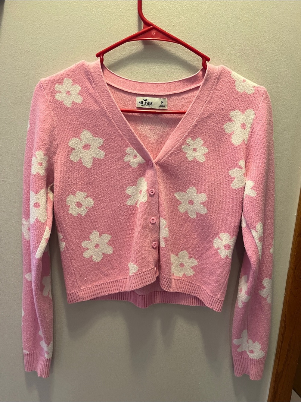 Hollister Pink and White Floral V-Neck Button Cardigan